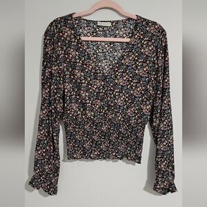 Paper Crane floral smocked long sleeve blouse black medium